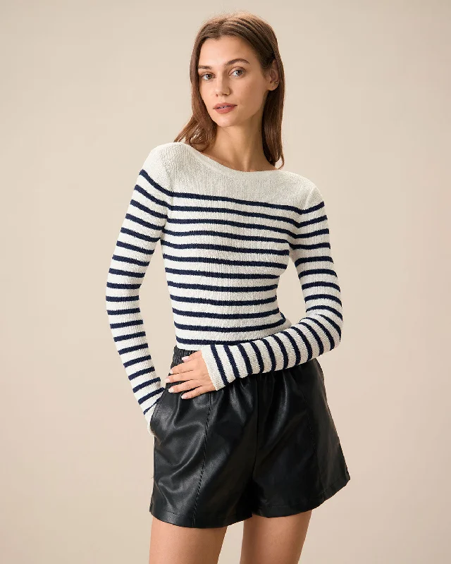 Women's Navy Boat Neck Slim Striped Sweater