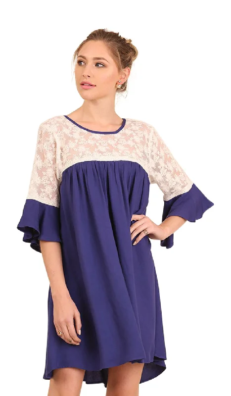 Lace and Keyhole Bell Sleeve Dress Cobalt