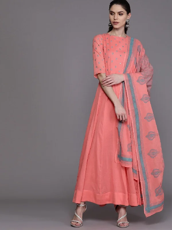 Women's  Peach-Coloured & Teal Blue Yoke Design Anarkali Kurta With Dupatta - AKS