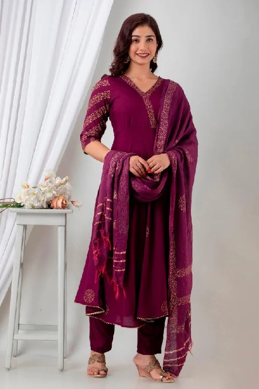 Women's Majenta Cotton Suit Set - Wahe-NOOR