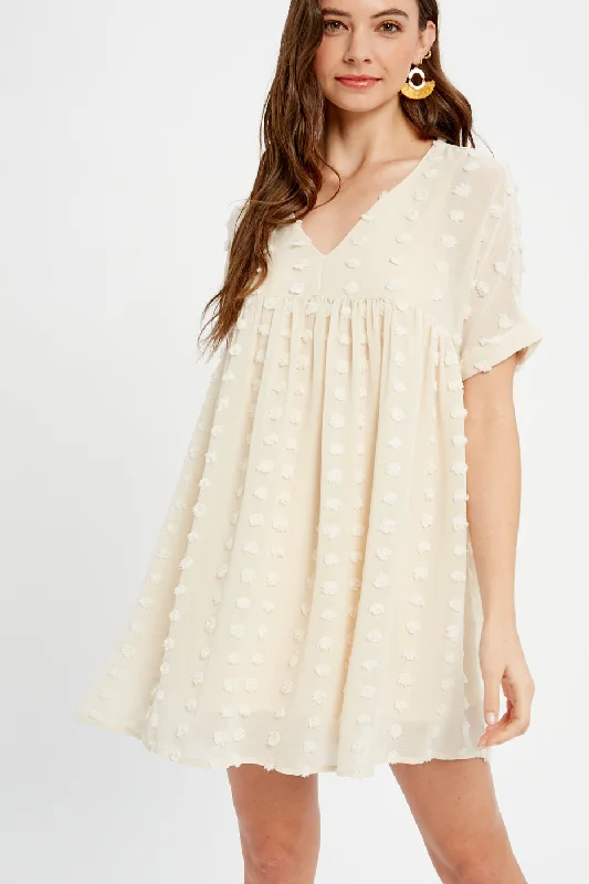 Textured Pom Babydoll Dress, Champagne