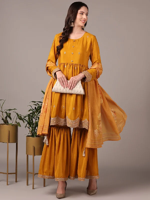 Women's Yellow Silk Blend Soild Embroidered Zari Anarkali Kurta Sharara With Dupatta - Ahika