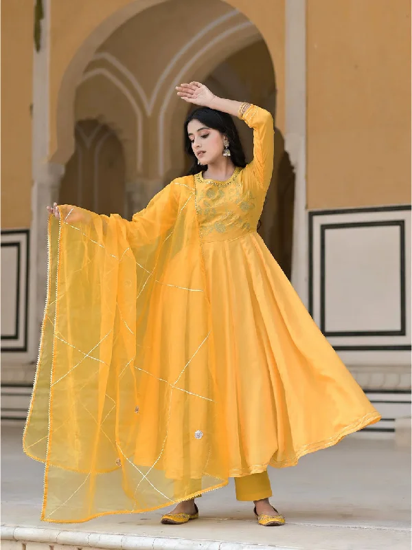 Women's Marigold Yellow Embroidered Anarkali Set - Hatheli