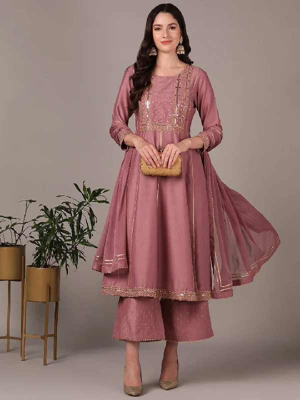 Women's Pink Silk Blend Solid Yoke Design Zari Anarkali Kurta Palazzo With Dupatta - Ahika