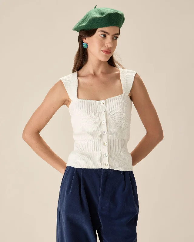 White Knit Button Tank