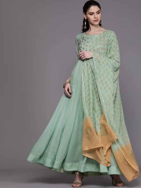 Women's  Sea Green & Golden Yoke Design Anarkali Kurta With Dupatta - AKS