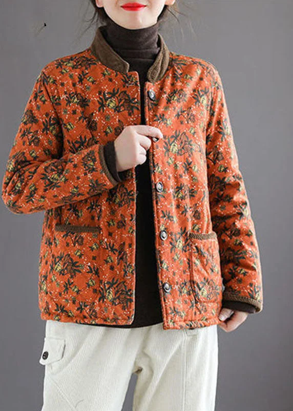 Organic Orange Stand Collar Print Warm Fleece Jacket In Winter