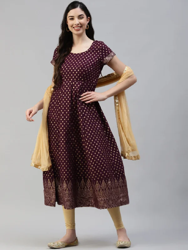 Women's Purple Gold Print  Anarkali Kurta With Viscose Leggings & Net Dupatta -  Poshak Hub