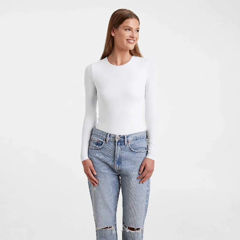 Cotton Stretch Long Sleeve Crewneck Bodysuit | White