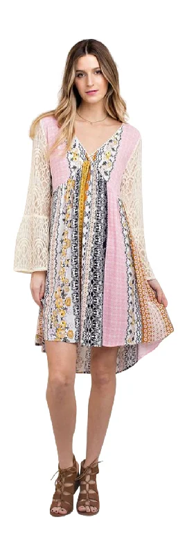 Mixed Print Lace Dress, Mustard