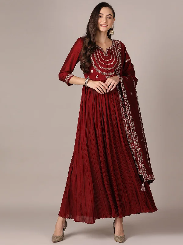 Women's Maroon Silk Blend Solid Embroidered Anarkali Kurta Pant With Dupatta - Ahika