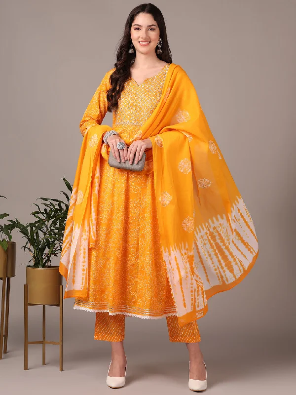 Women's Yellow Pure Cotton Bandhani Yoke Design Thread Work Anarkali Kurta Pant With Dupatta - Ahika