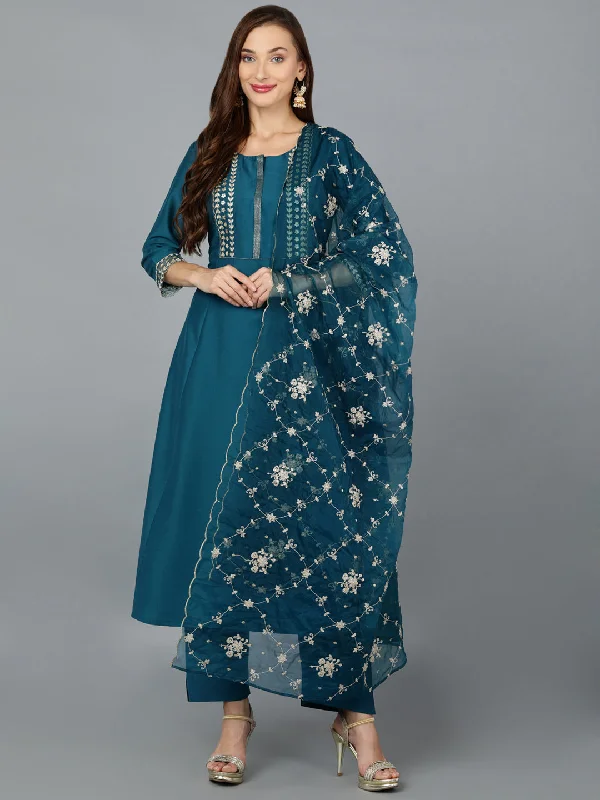 Women's Silk Blend Turquoise Embroidered Anarkali Festive Wear-Ahika - Ahika