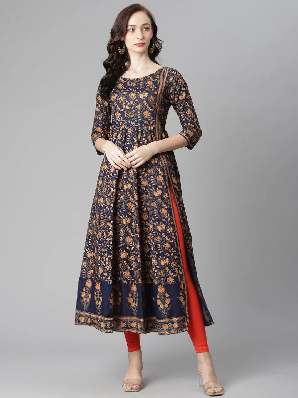 Women's Blue Cotton Printed Anarkali Kurta With Legging -  Poshak Hub