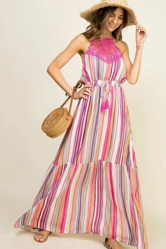 Striped Halter & Lace Maxi Dress