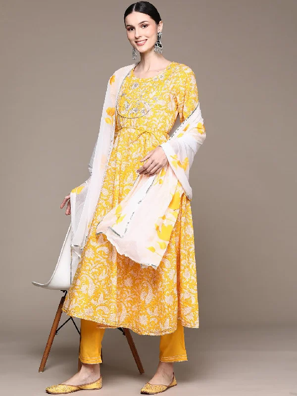 Women's Yellow Embroidered Anarkali Kurta With Trouser & Dupatta - Ishin