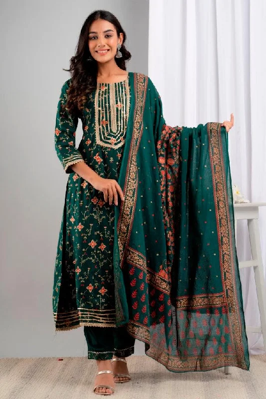 Women's Green Viscose Rayon Floral Suit Set - Wahe-NOOR