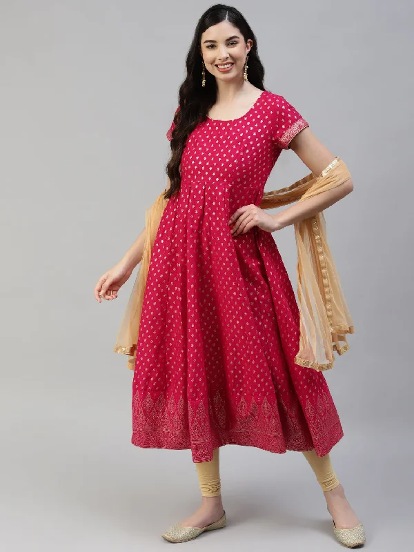 Women's Dark-Pink Gold Print  Anarkali Kurta With Viscose Leggings & Net Dupatta -  Poshak Hub