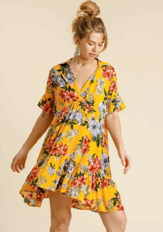 Floral Ruffle Babydoll Dress, Sunflower