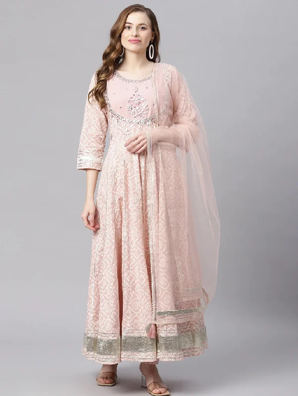 Women's Light Pink Cotton Anarkali Gown Pant Set With Net Dupatta - Wahenoor