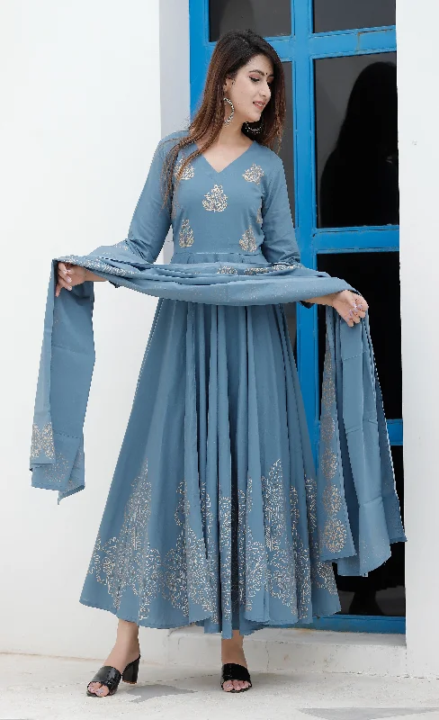 Women's Steel Blue Hand Block Anarkali Set - Geeta Fashion