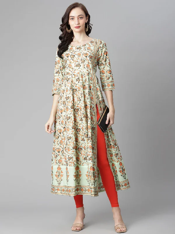 Women's Sea-Green Cotton Printed Anarkali Kurta With Legging -  Poshak Hub