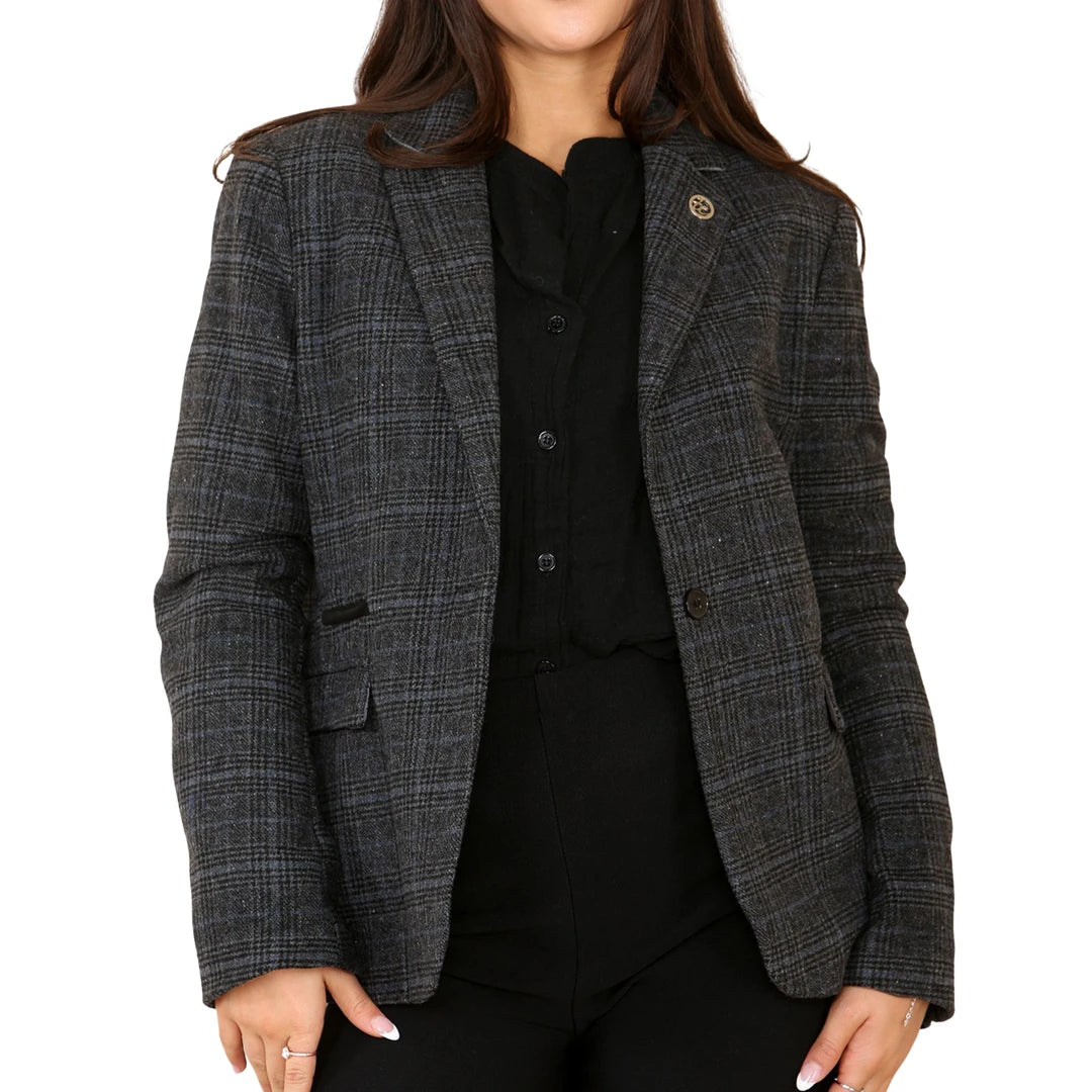 Women's Tweed Check Waistcoat Blazer Grey Suit