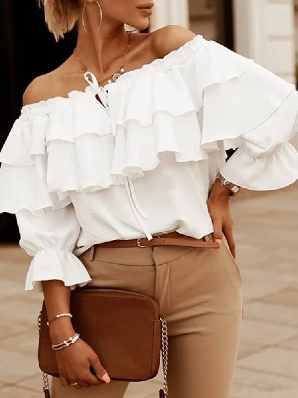 Women's Off-Shoulder Ruffle Pattern Vintage Loose Blouse