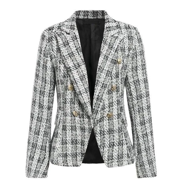 Women's Long Sleeve Tweed Plaid Triple Breasted Blazer With Skirt Set