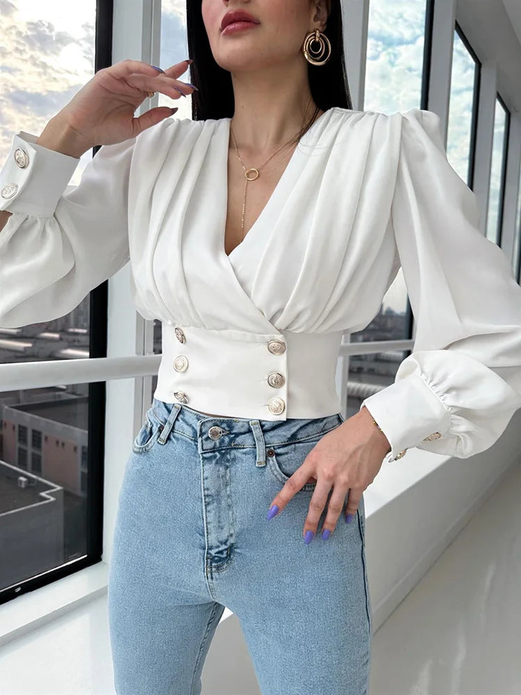 Women's V-Neck Polyester Long Sleeves Pleated Casual Blouses