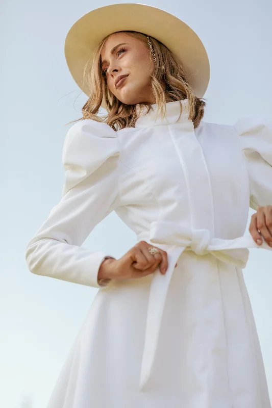 Fit and Flare Coat with Balloon-Styled Sleeves in White | 'Majestic White'