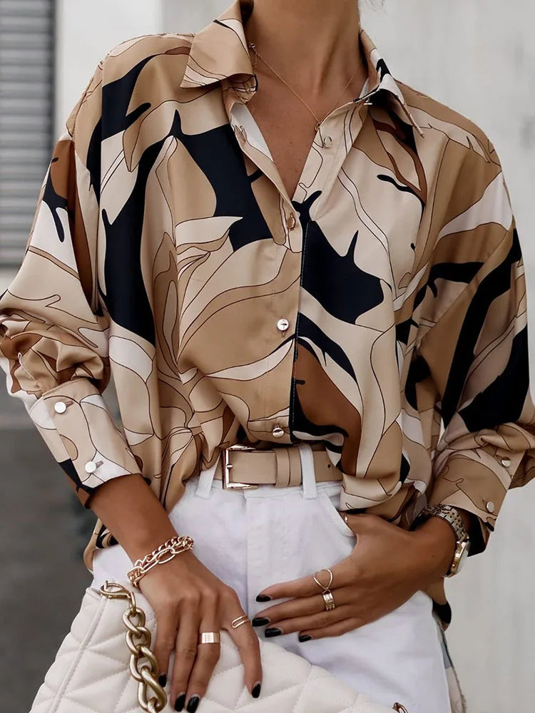 Women's Polyester Turn-Down Collar Long Sleeves Printed Blouse