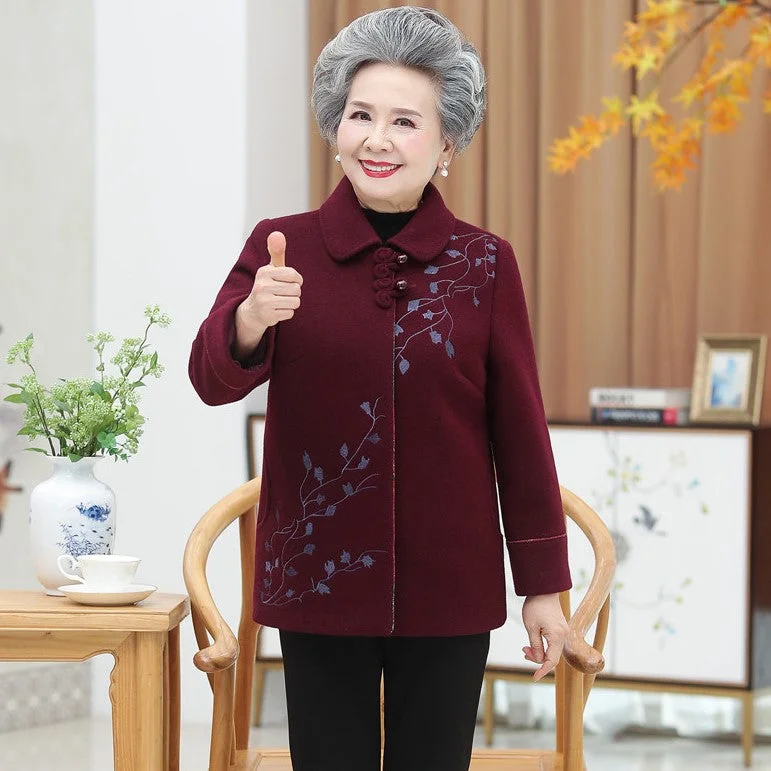 Lapel Collar Floral Embroidery Woolen Tang Suit Traditional Chinese Jacket Mother's Coat