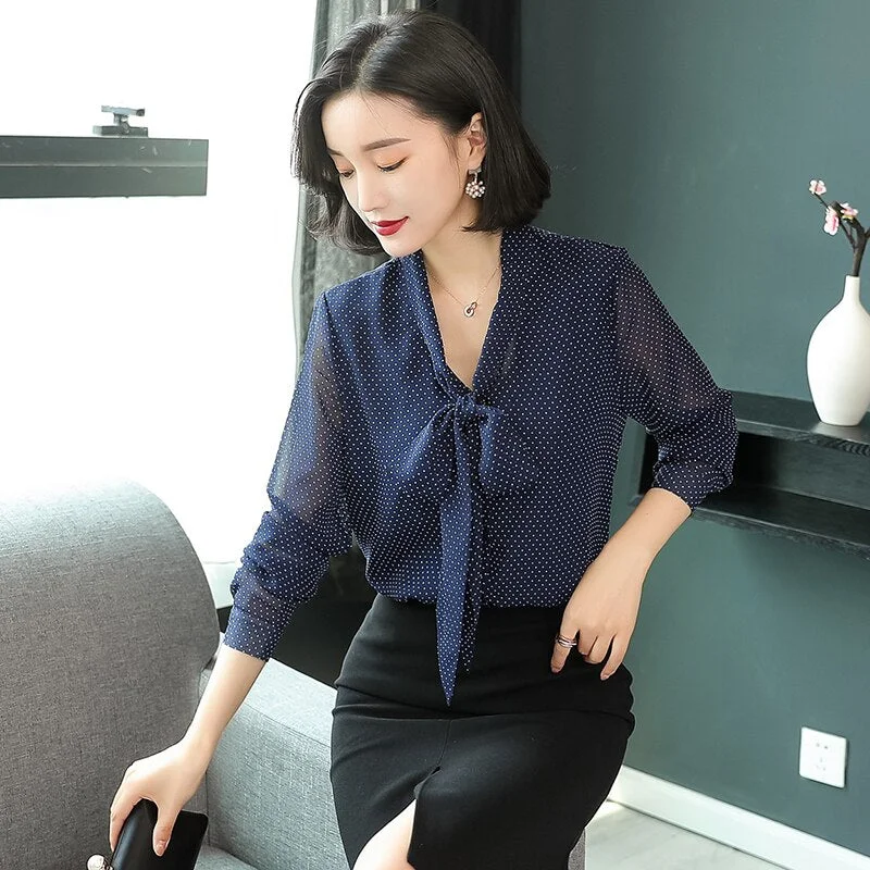 Women's V-Neck Polyester Full Sleeves Dotted Casual Wear Blouses