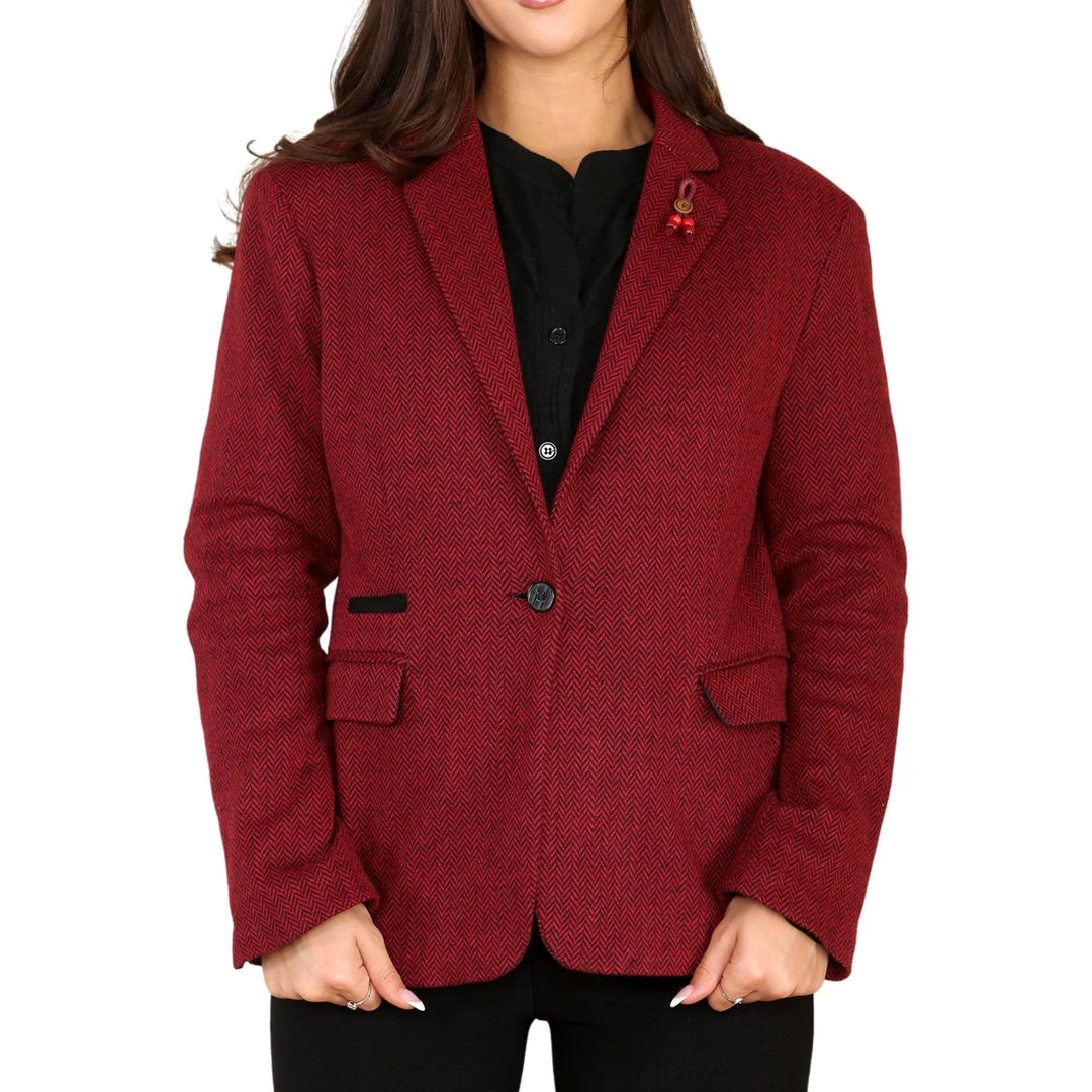 Women's Tweed Herringbone Waistcoat Blazer Jacket Wine Red Classic 1920s