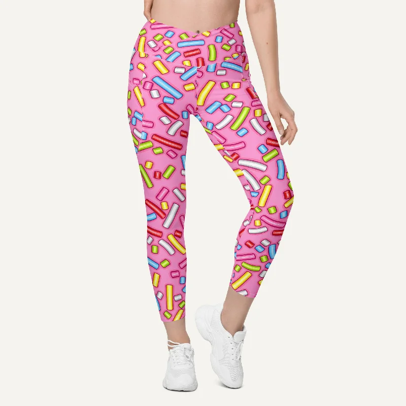 Pink Donut Sprinkles Crossover Leggings With Pockets