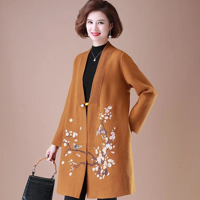 Wintersweet Embroidery Open Front Women's Oriental Wool Knit Coat