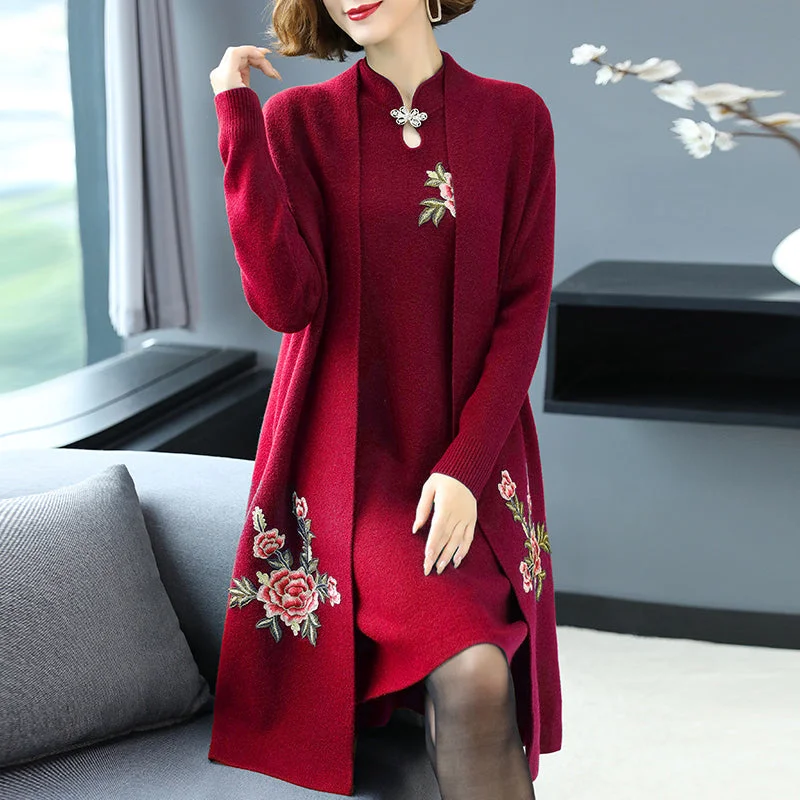 Floral Embroidery Chinese Style Knit Cheongsam & Coat Two-piece Suit