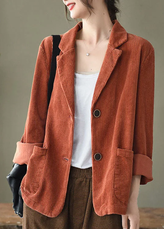 Loose Orange Yellow button pockets Peter Pan Collar Corduroy Coat Long Sleeve