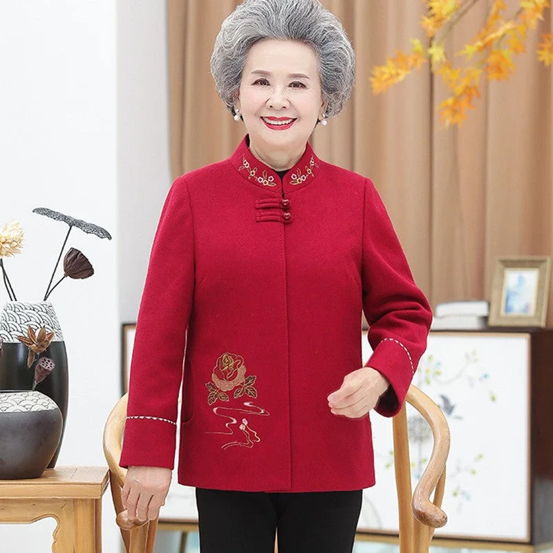 Floral Embroidery Woolen Tang Suit Traditional Chinese Jacket Mother's Coat