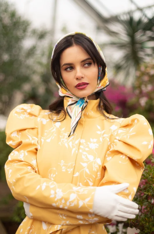 Fit and Flare Coat with Balloon-Styled Sleeves in Yellow with White Floral Print | 'Majestic Yellow'