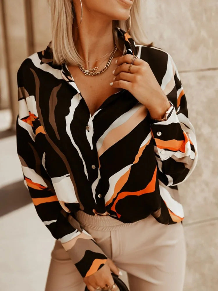 Women's Polyester Turn-Down Collar Long Sleeves Printed Blouse