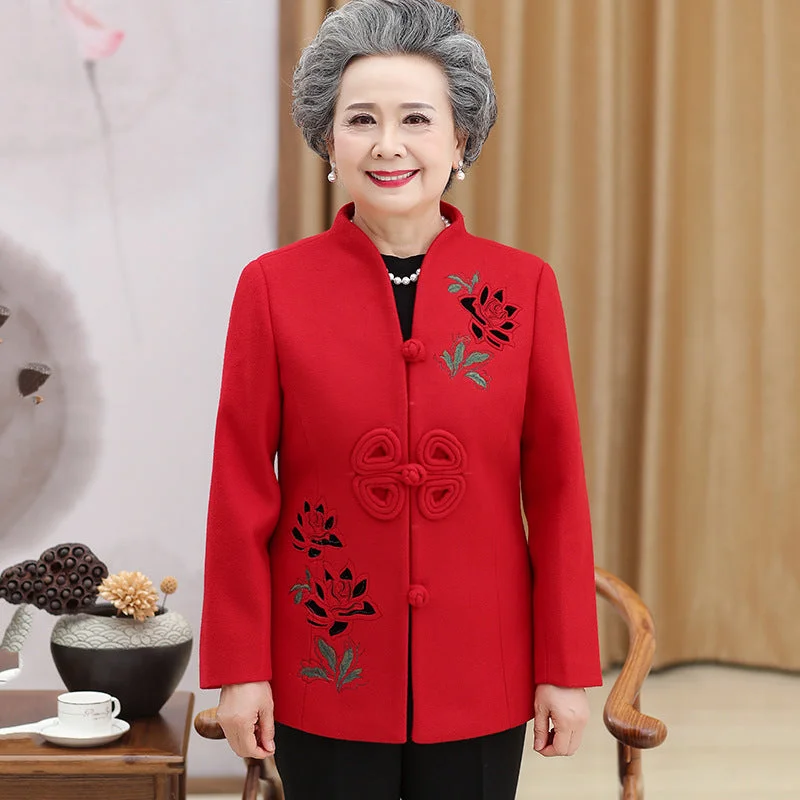 V Neck Floral Embroidery Woolen Tang Suit Traditional Chinese Jacket Mother's Coat