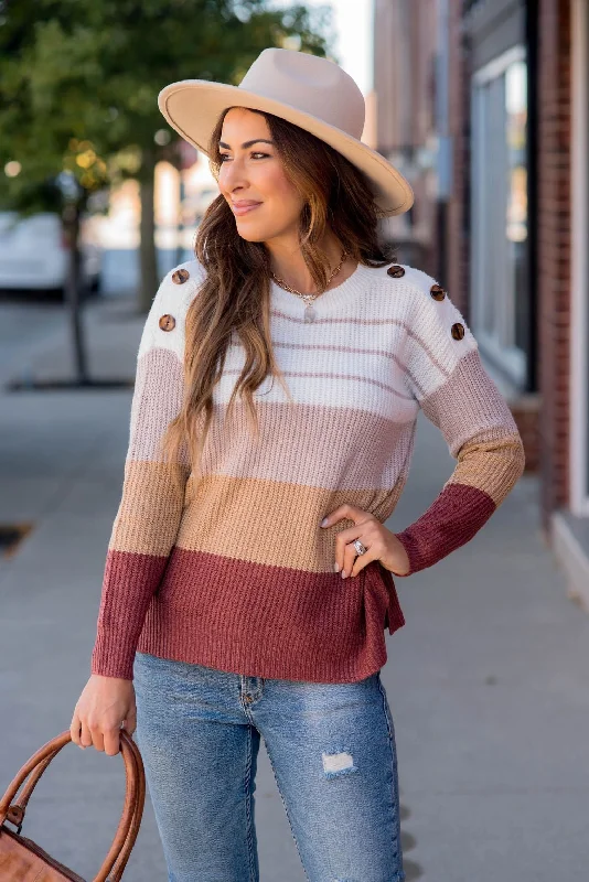 Mixed Stripes Button Shoulder Sweater