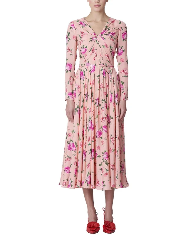 Carolina Herrera V-Neck Gathered Silk Dress