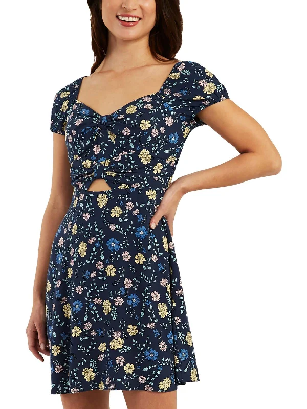 Juniors Womens Floral Print Cutout Fit & Flare Dress