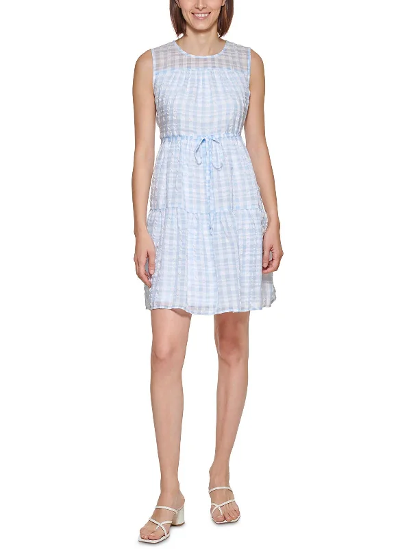 Petites Womens Gingham Summer Shift Dress