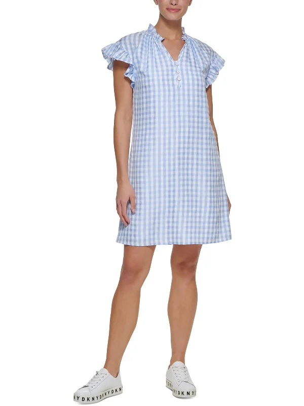 Womens Checkered V-Neck Shift Dress