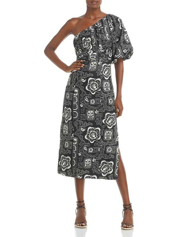 Womens Linen Printed Midi Dress