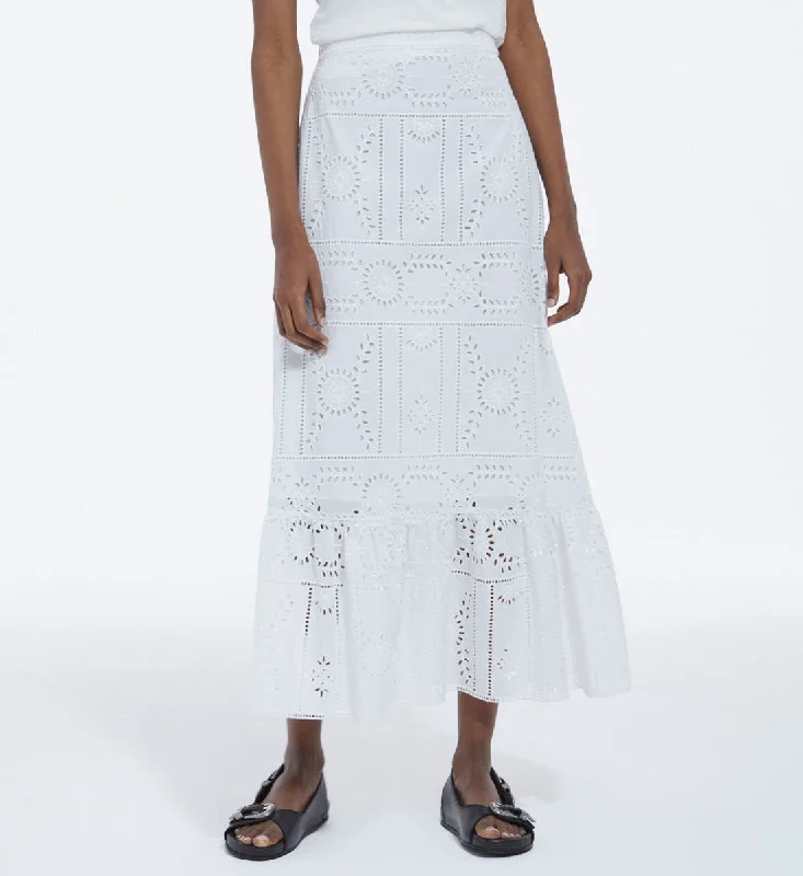 Flowing White Cotton Long Skirt W/ Embroidery